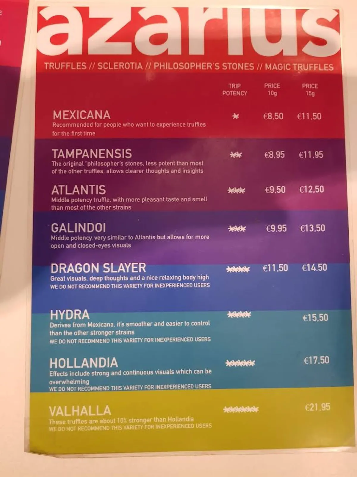 Azarius 櫃檯的迷幻松露菜單